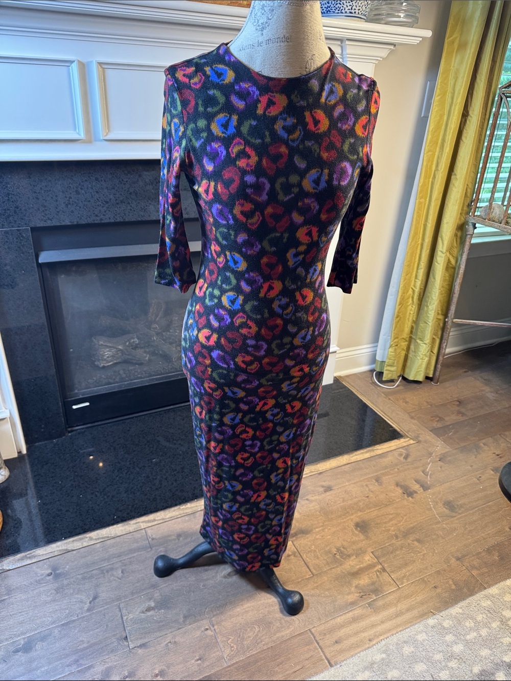 Farm Rio Black Ikat Leopard Print Multicolor Midi Dress